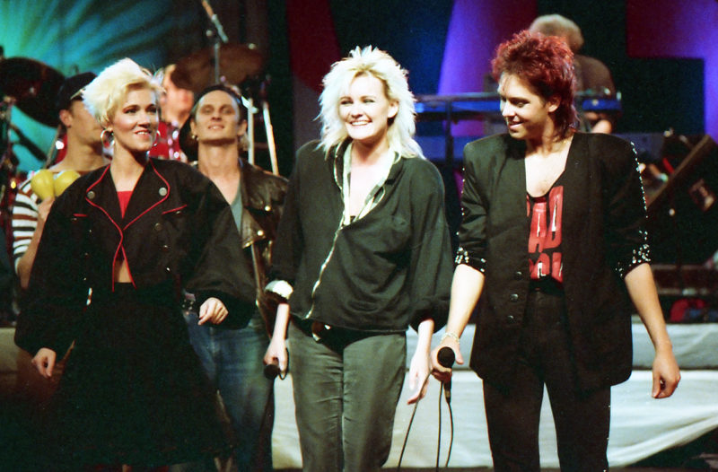 Roxette together with Eva Dahlgren on the Rock Runt Riket tour in 1987